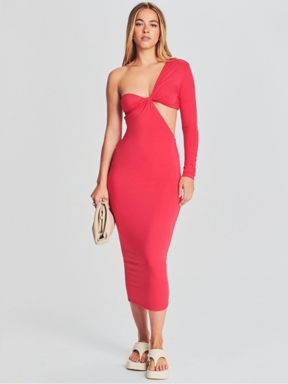 Seroya Ivana One Sleeve Midi Dress Body Con Open Back Women Size Small Coral